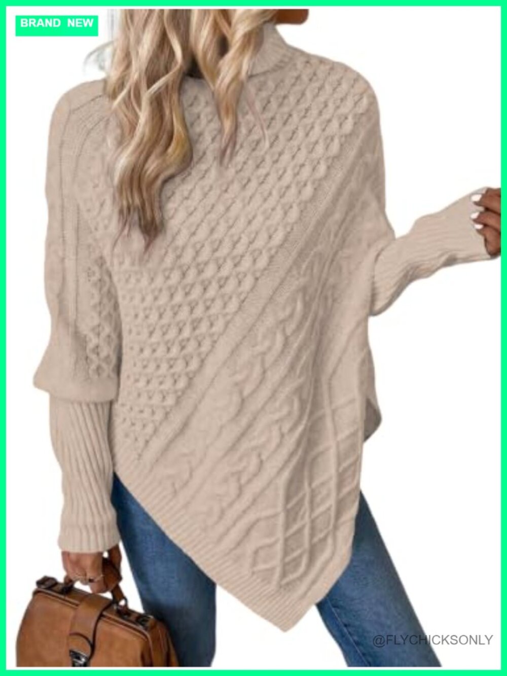 Turtleneck Poncho Sweater Cable Knit Batwing Sleeve Asymmetrical Hem